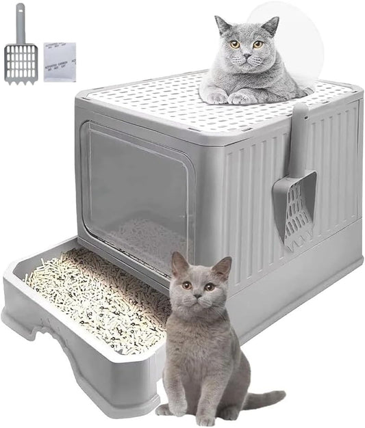 Arenero para Gato Cerrada: Removibles Plegable Arenero 50*40*40cm,Gran Caja de Arena para Gatos,Antiolor Prueba de Salpicaduras,Facil de Limpiar,con Puertas y Entradas Cubiertas Incluye Pala (Gris)