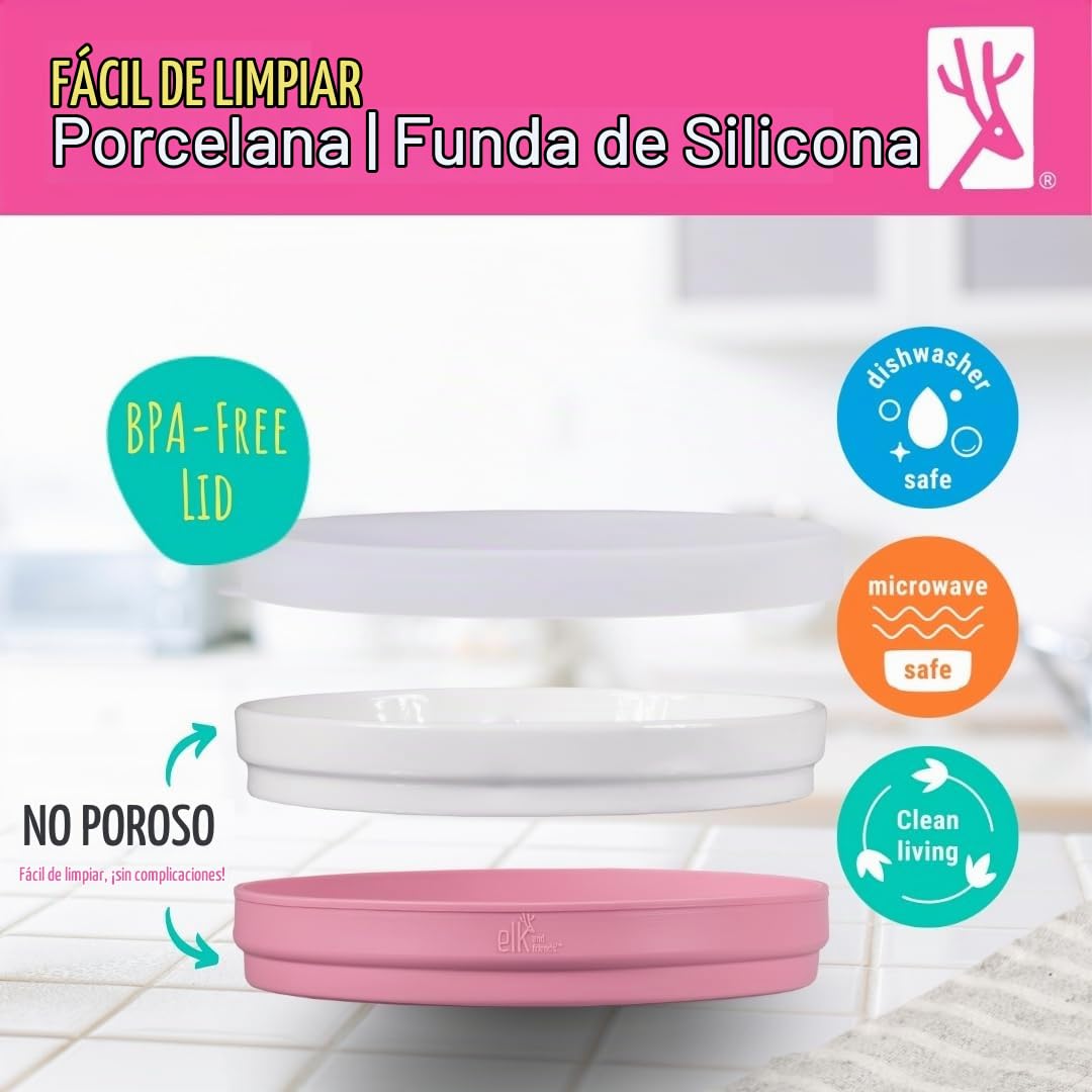 Elk and Friends Kids - Platos blancos de porcelana de 7.8 pulgadas con mangas de silicona + tapas, adecuados para bebés/niños pequeños, aptos para microondas y lavaplatos, vajilla antideslizante