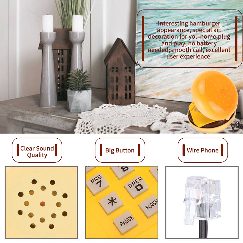ASHATA Teléfono Fijo - Apariencia Hamburguesa, Teléfono de Casa con Cable, Moda con Multifunciones, Decoración de Hogar para Fanáticos de Hamburguesa, Regalito Ideal para Familia y Amigos