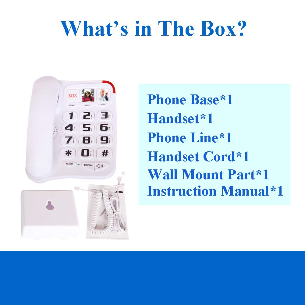 Teléfono con botón grande para personas mayores con cable para teléfono fijo para personas mayores con asistencia de cuidado de imágenes para personas mayores amplificado para pared de ayuda auditiva