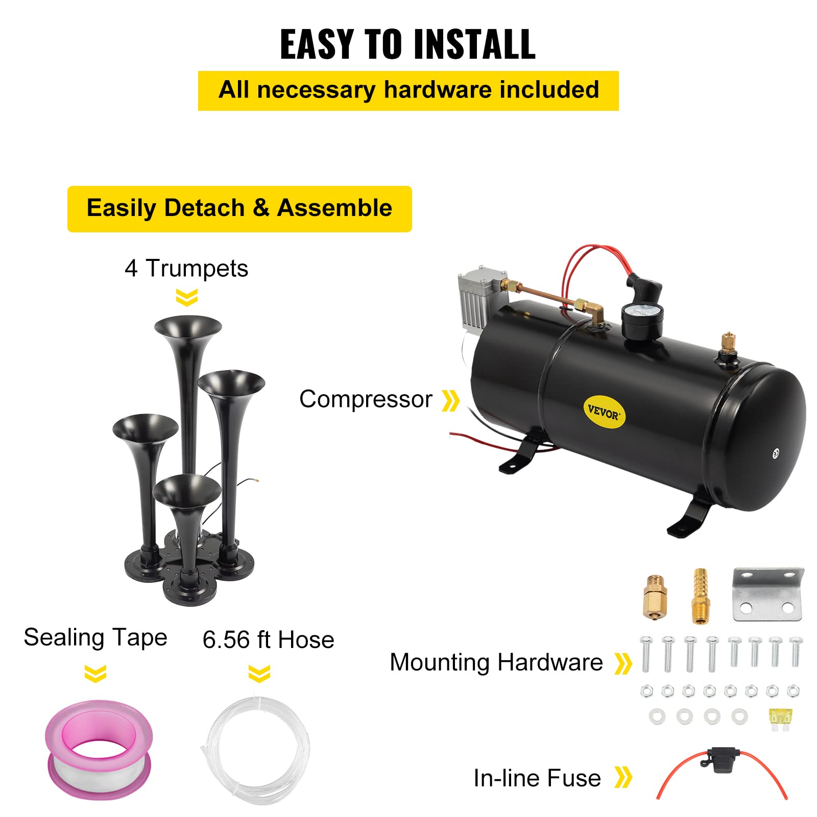 VEVOR Kit de bocinas de tren de 150 dB, 4 trompetas súper fuertes con compresor de aire de 120 PSI 12 V, tanque compresor de aire para cualquier vehículo, camión, coche, Jeep o SUV (negro)