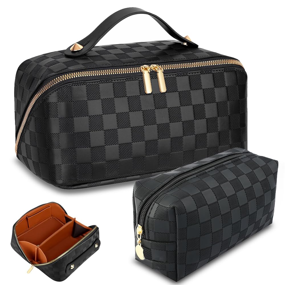 jiffordwind Bolsas de maquillaje de viaje a cuadros organizadoras de cosméticos: 2 juegos de bolsa de maquillaje impermeable de gran capacidad, bolsa de aseo de piel sintética para mujer, bolsa