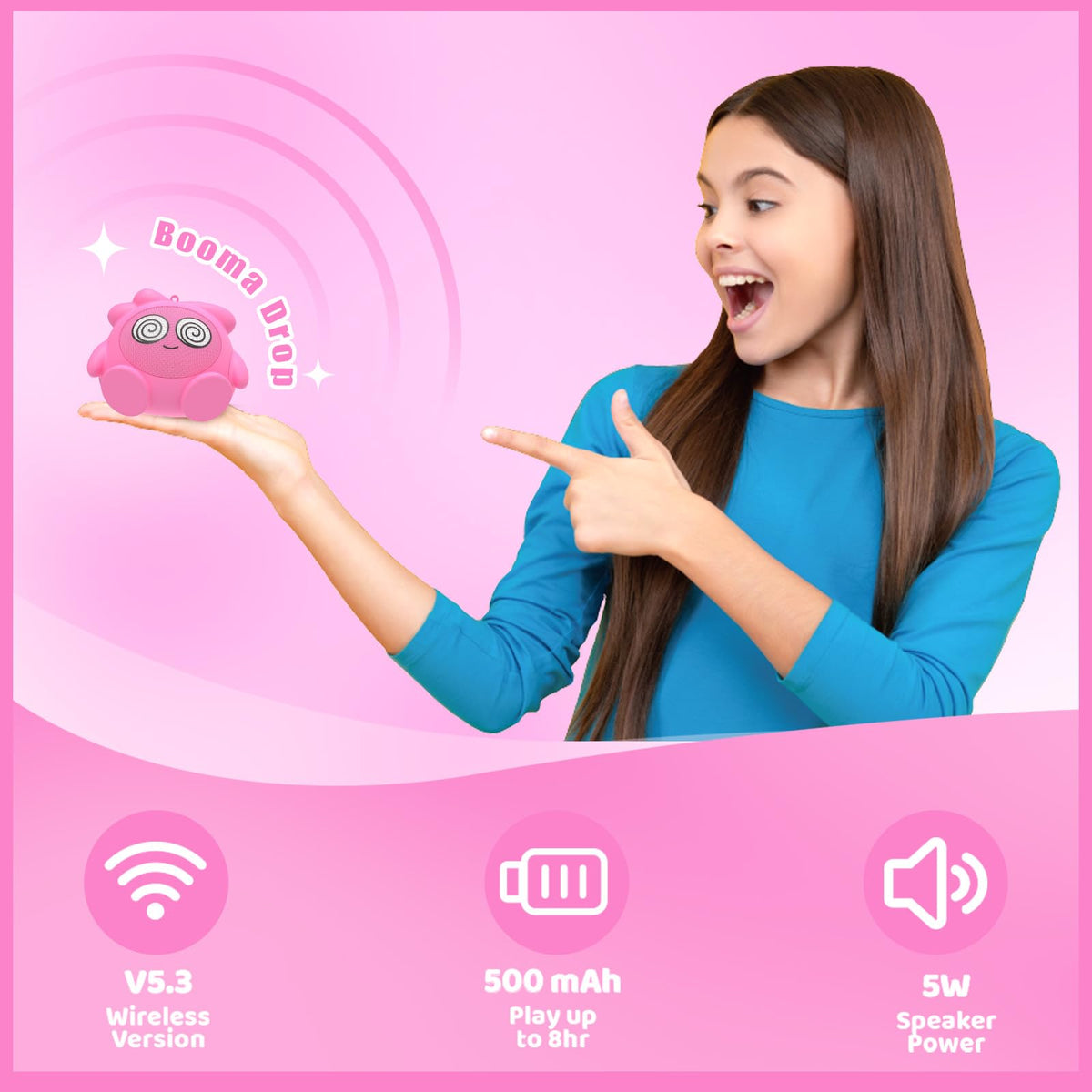 Altavoz Inalámbrico JellieMons Rosa con Sonido Estéreo y Emparejamiento TWS para Niños