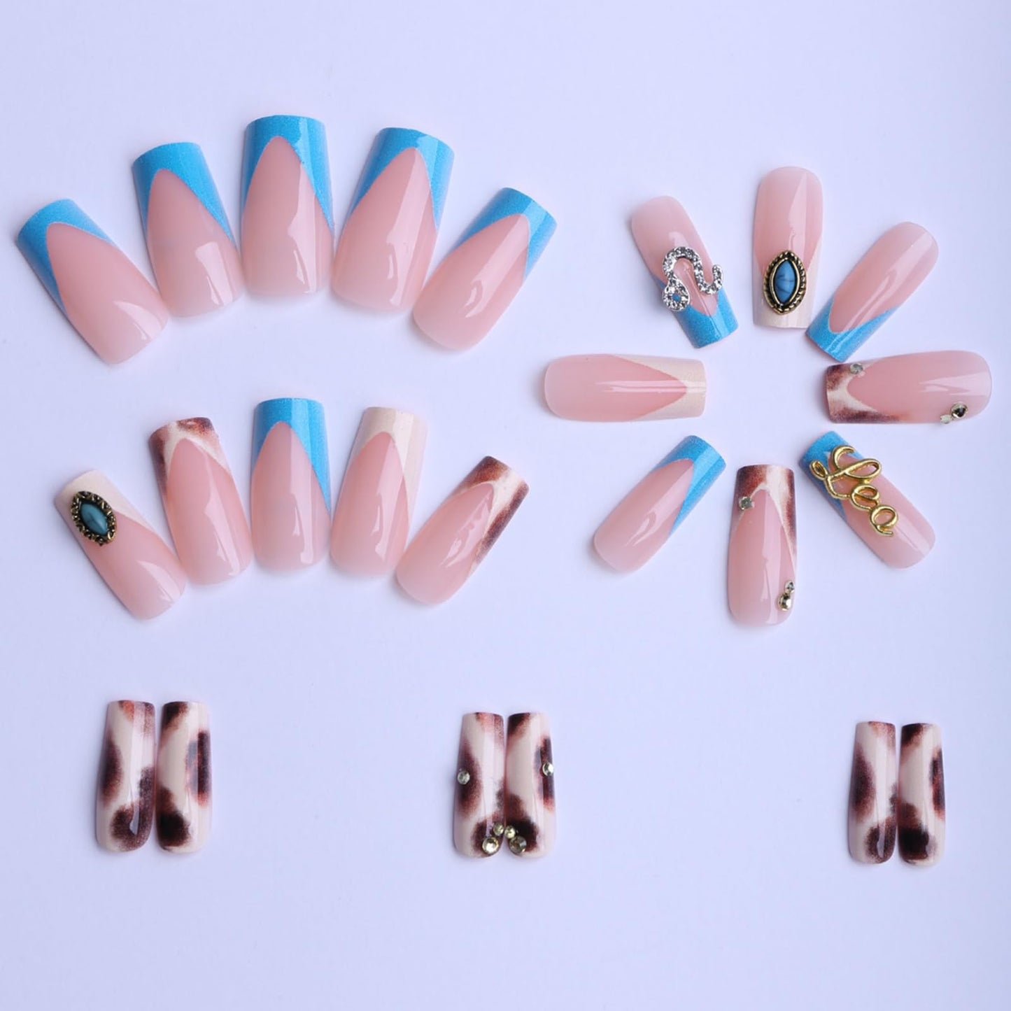 octoswave OCTOSWAVE Uñas postizas cuadradas de larga duración, uñas postizas francesas 3D con piedras preciosas azules, uñas adhesivas para mujer, 24 unidades