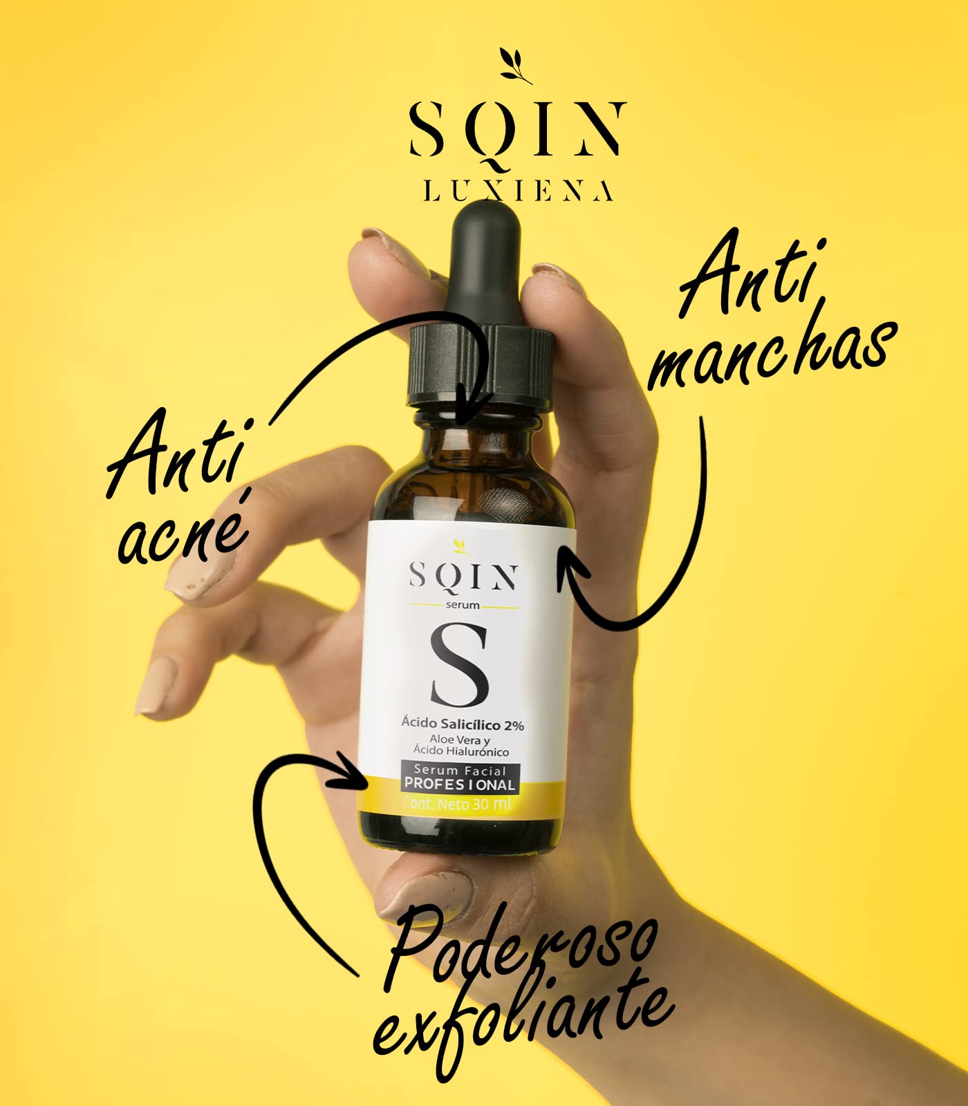 Sqin Luxiena Serum Acido Salicilico y Ácido Hialurónico Facial, Exfoliante Facial y Anti-imperfecciones. Controla Piel Grasa y disminuye Puntos Negros, Peeling Facial, Suero Acido Salicilico Día y Noche, Skin Care 30 ml.