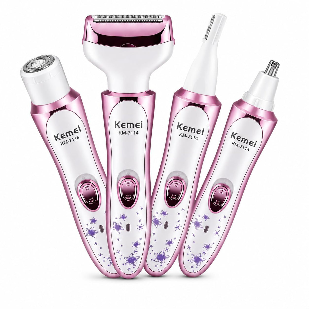 KEMEI 7114 - Maquinilla de afeitar eléctrica para mujer, 4 en 1, removedor de pelo indoloro para cara, cejas, nariz y bikini, recargable en húmedo y seco, color rosa