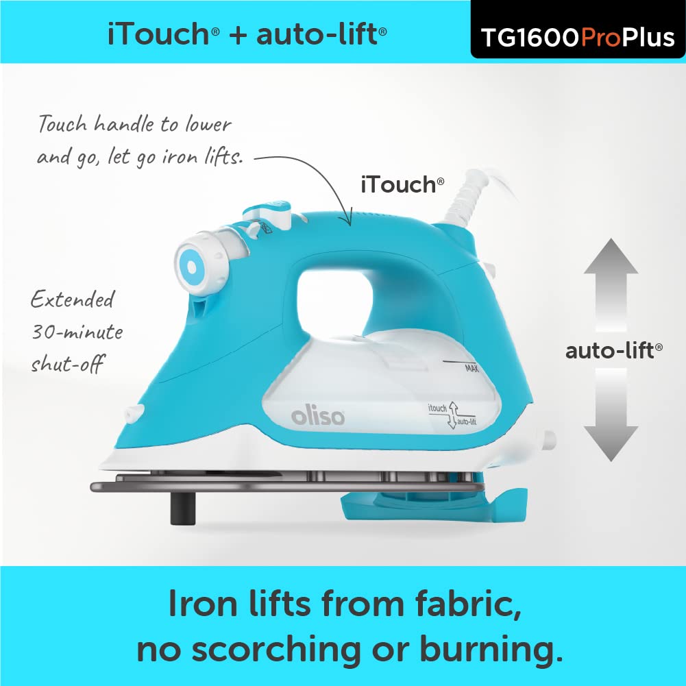 Plancha de Vapor Oliso TG1600 Pro Plus Turquesa con Elevación Automática y Suela de Cerámica de Diamante para Ropa y Costura