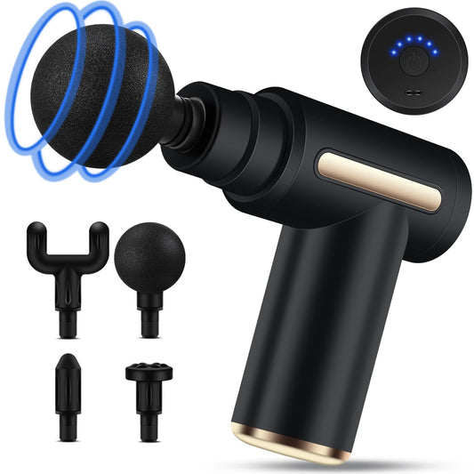 Pistola de Masaje Muscular, Uplayteck Masajeador Portatil Muscular Mini Masajeador de Tejido Profundo Ajustables Massage Gun Portátil 4 Cabezales de Masaje para Relajar Los Músculos Aliviar el Dolor (Negro)