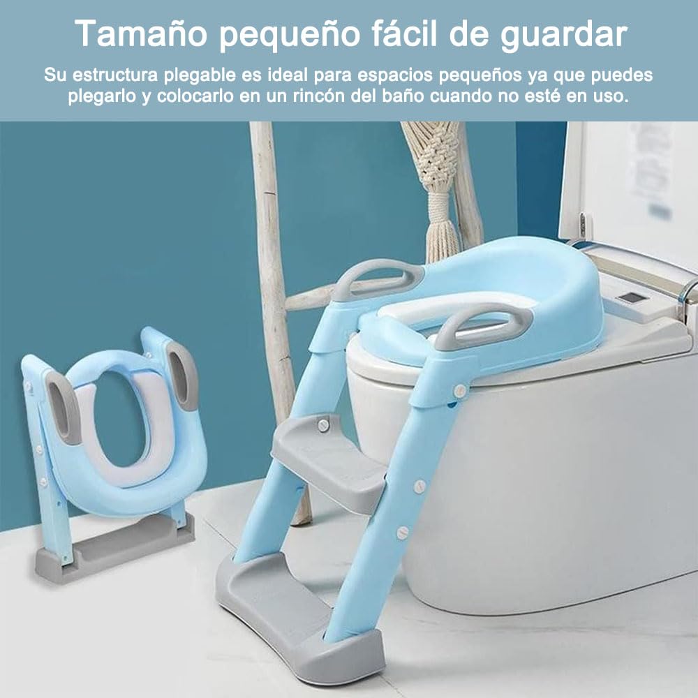 Jiula Asiento de Entrenamiento para Baño con Escalera Antideslizante - Asiento Entrenador para Baño Niño, Taburete Plegable Infantil para Taza, con Acolchonado, Asiento Ergonómico Azul, A, Cojín Duro