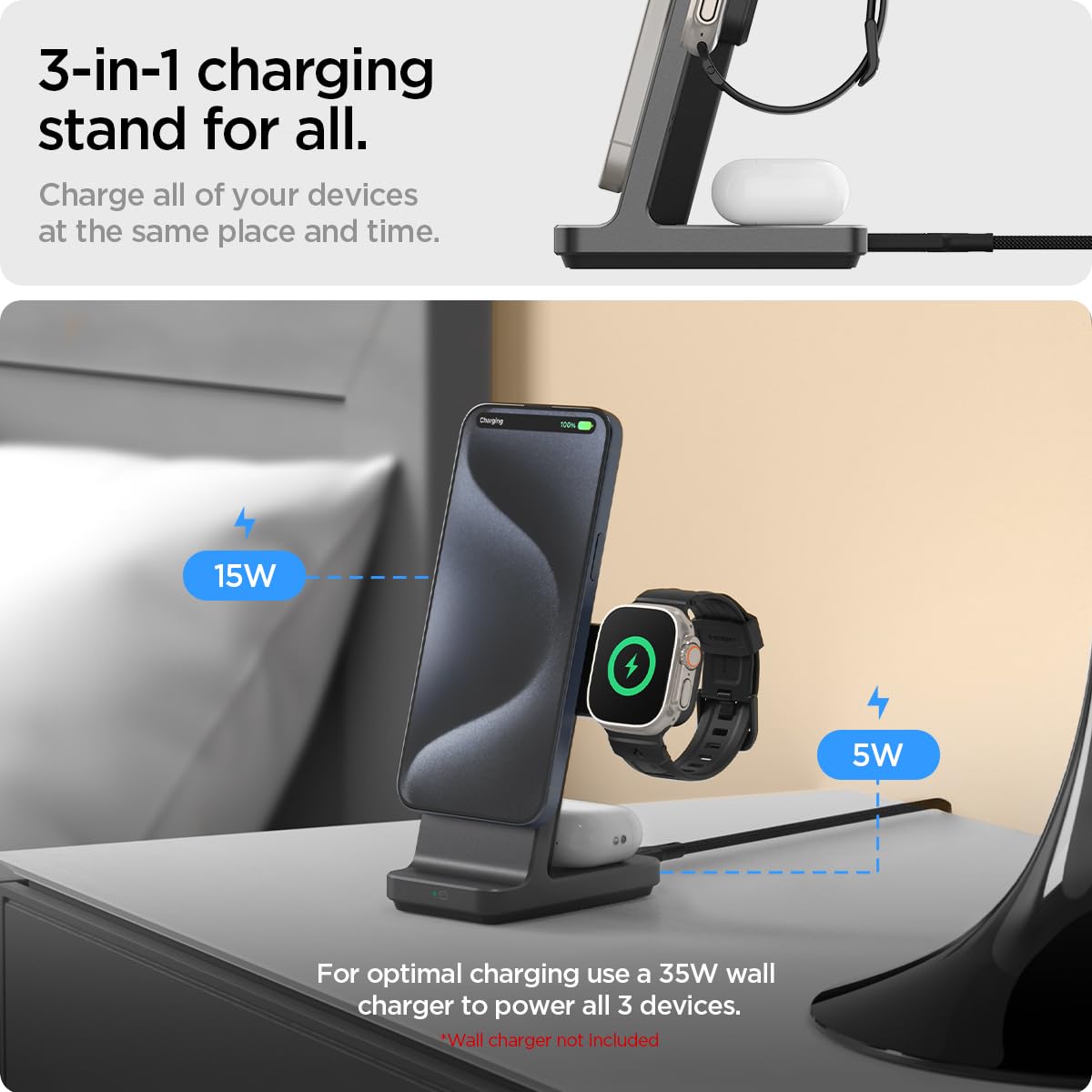 Soporte de Carga Inalámbrico Spigen OneTap Pro Blanco 3 en 1 MagFit 15W para iPhone y Apple Watch