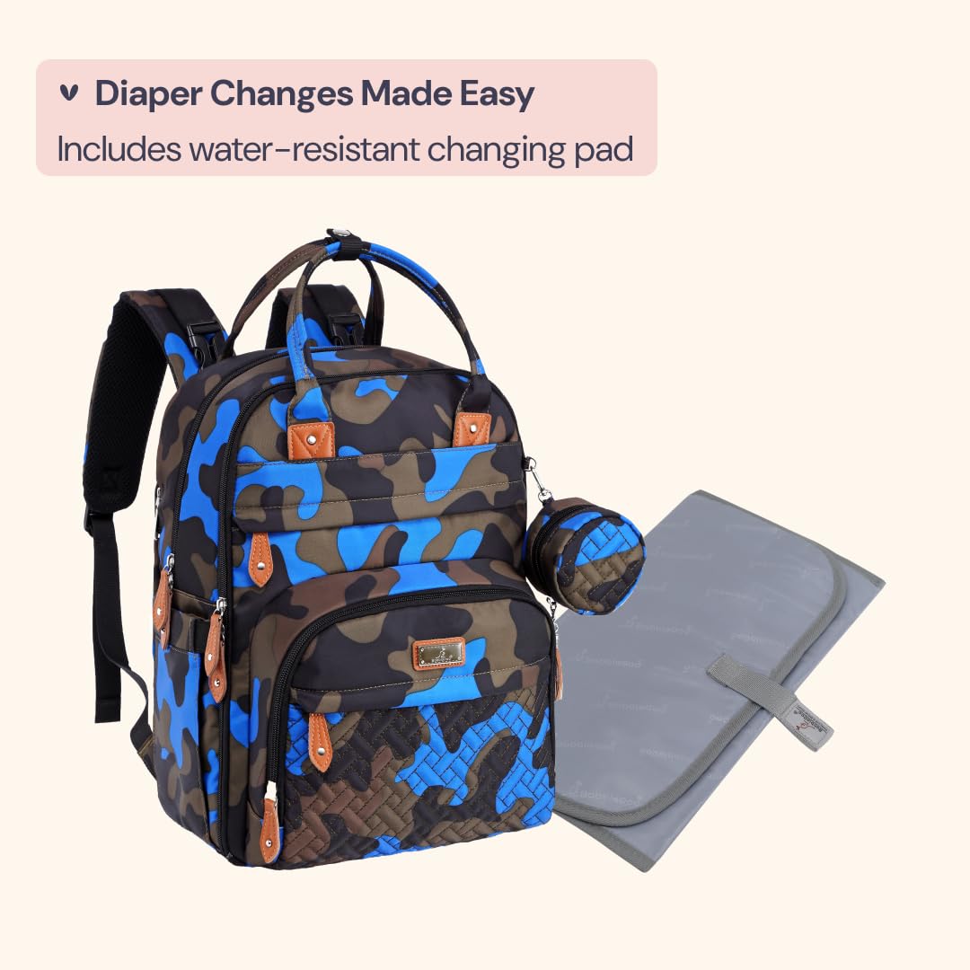 BabbleRoo Mochila de Pañales de Cuero - Bolsa de Viaje para Bebé con Artículos Esenciales, Multifunción, con Almohadilla Cambiadora, Correas para Carriola y Estuche para Chupete – Unisex, Negro