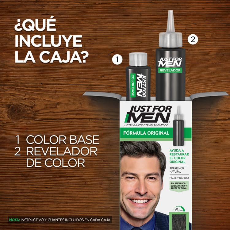 Just For Men Tinte colorante para hombre en shampoo, castaño oscuro H45, ideal para cubrir 100% de las canas, 66ml
