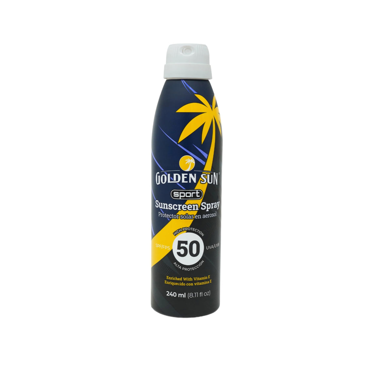 Golden Sun - Protector Solar en Aerosol Sport 50+ FPS 240 ml. Fórmula enriquecida con Vitamina E, Aloe Vera y aceites esenciales de tangerina. Resistente al agua y al sudor, protección UVA/UVB