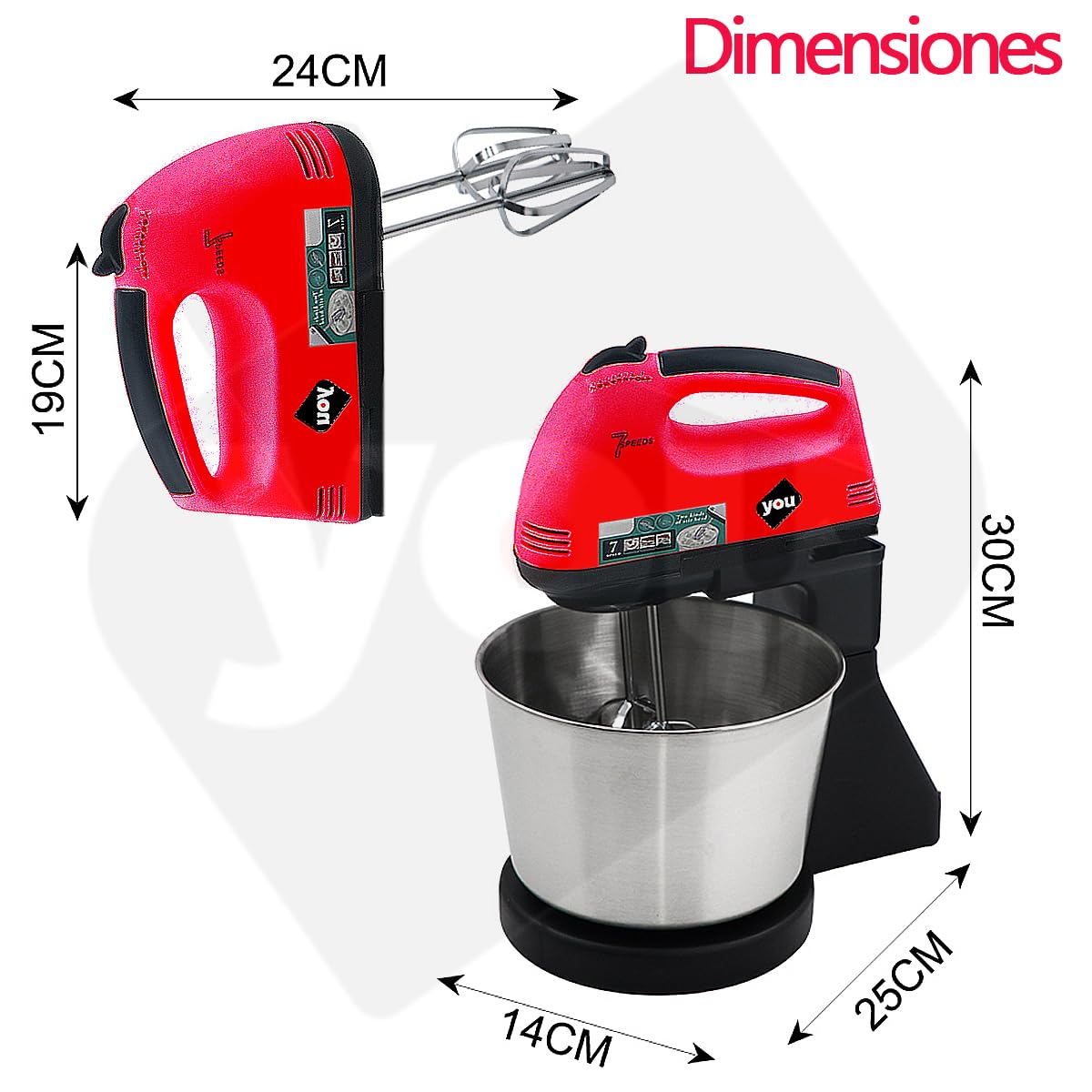 Batidora De Mano con Pedestal de 7 Velocidades Capacidad 2L Con Accesorios para Mezclar 250w