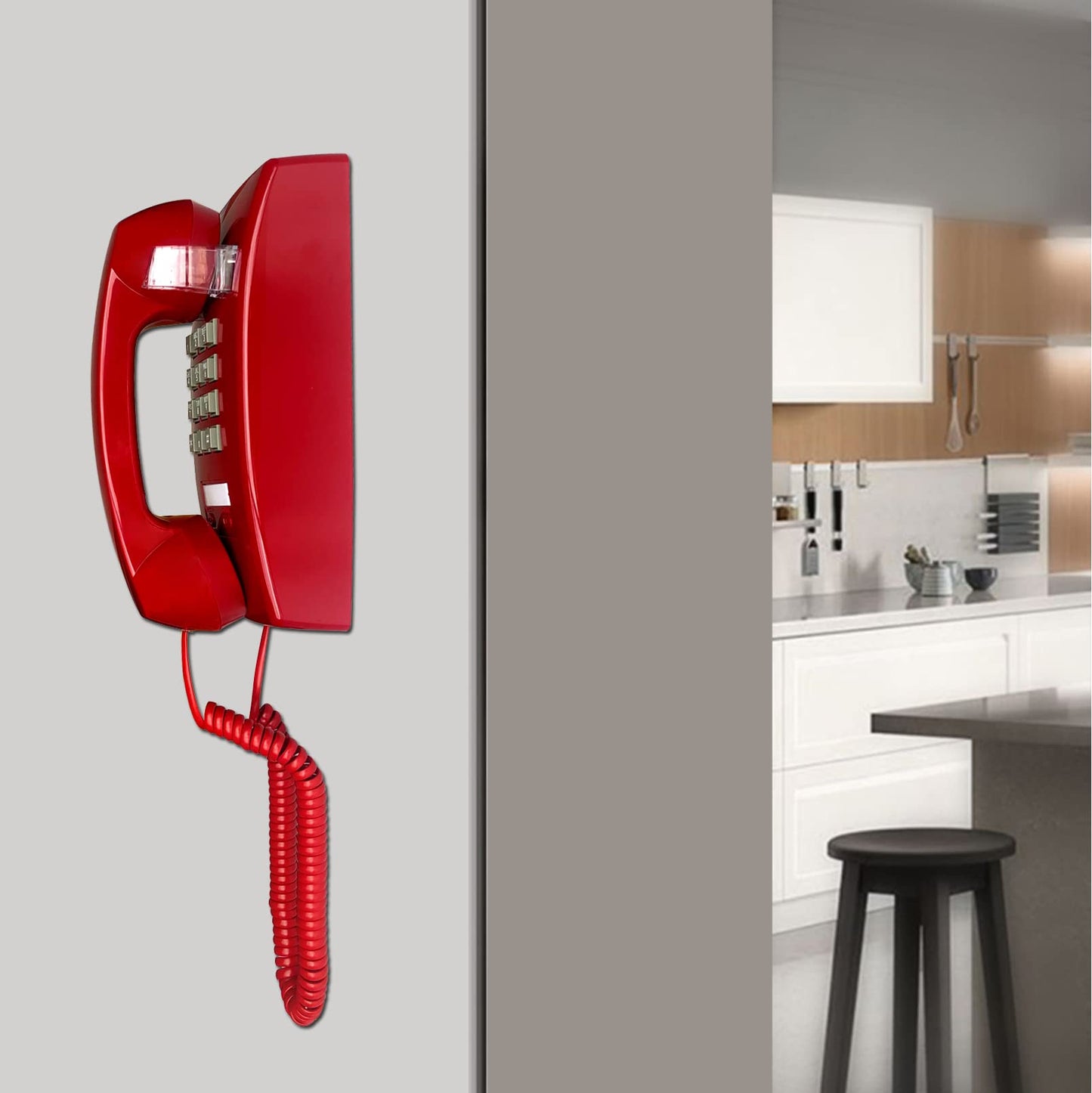 Teléfono de pared rojo, teléfono fijo montado en la pared, teléfono de pared clásico chapado en pared de plástico para hogar, oficina, hotel, cabina de teléfono, teléfono analógico antiguo ajustable