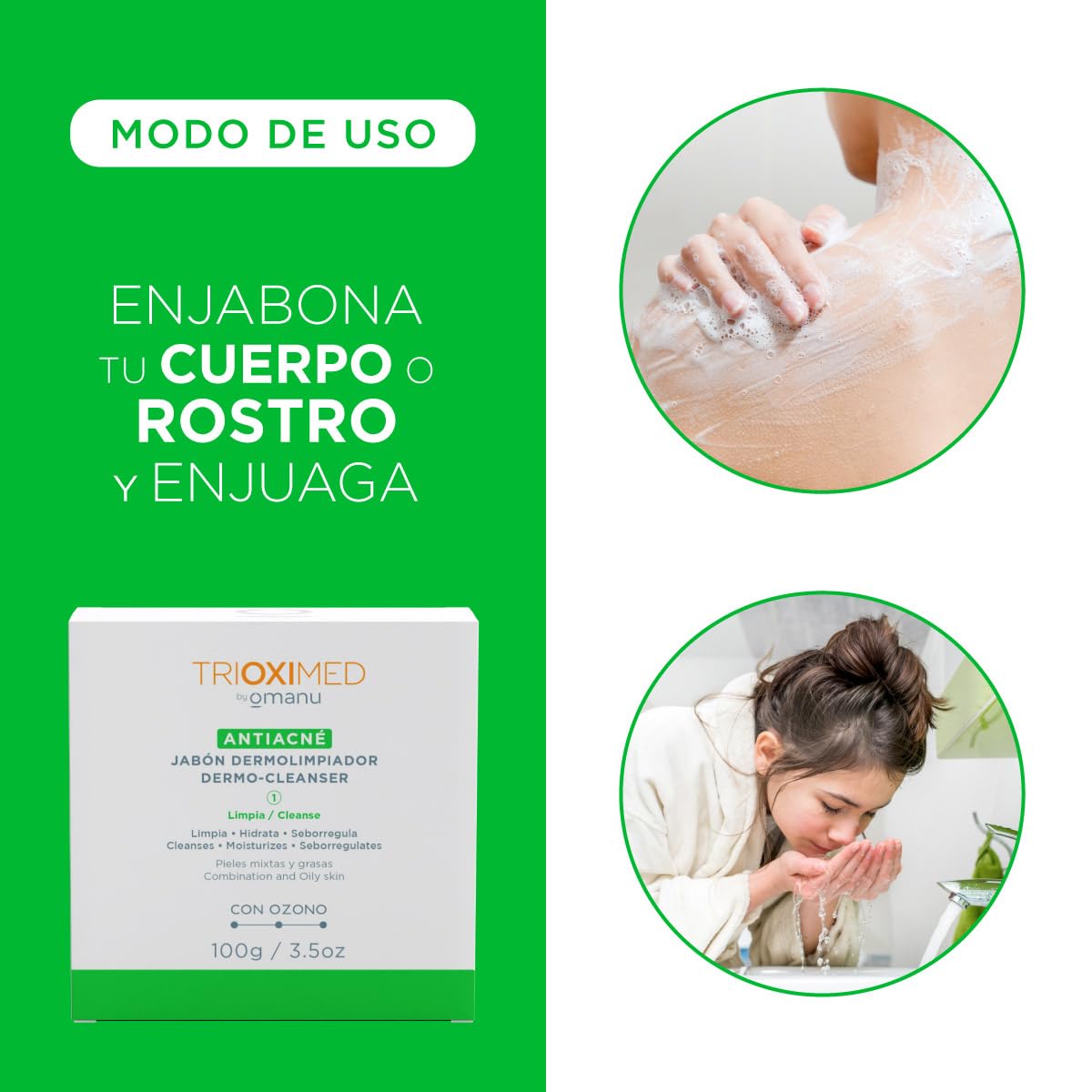 TRIOXIMED Jabón Dermolimpiador Antiacné con Ozono, para Piel Mixta y Grasa, 100g (2 piezas)