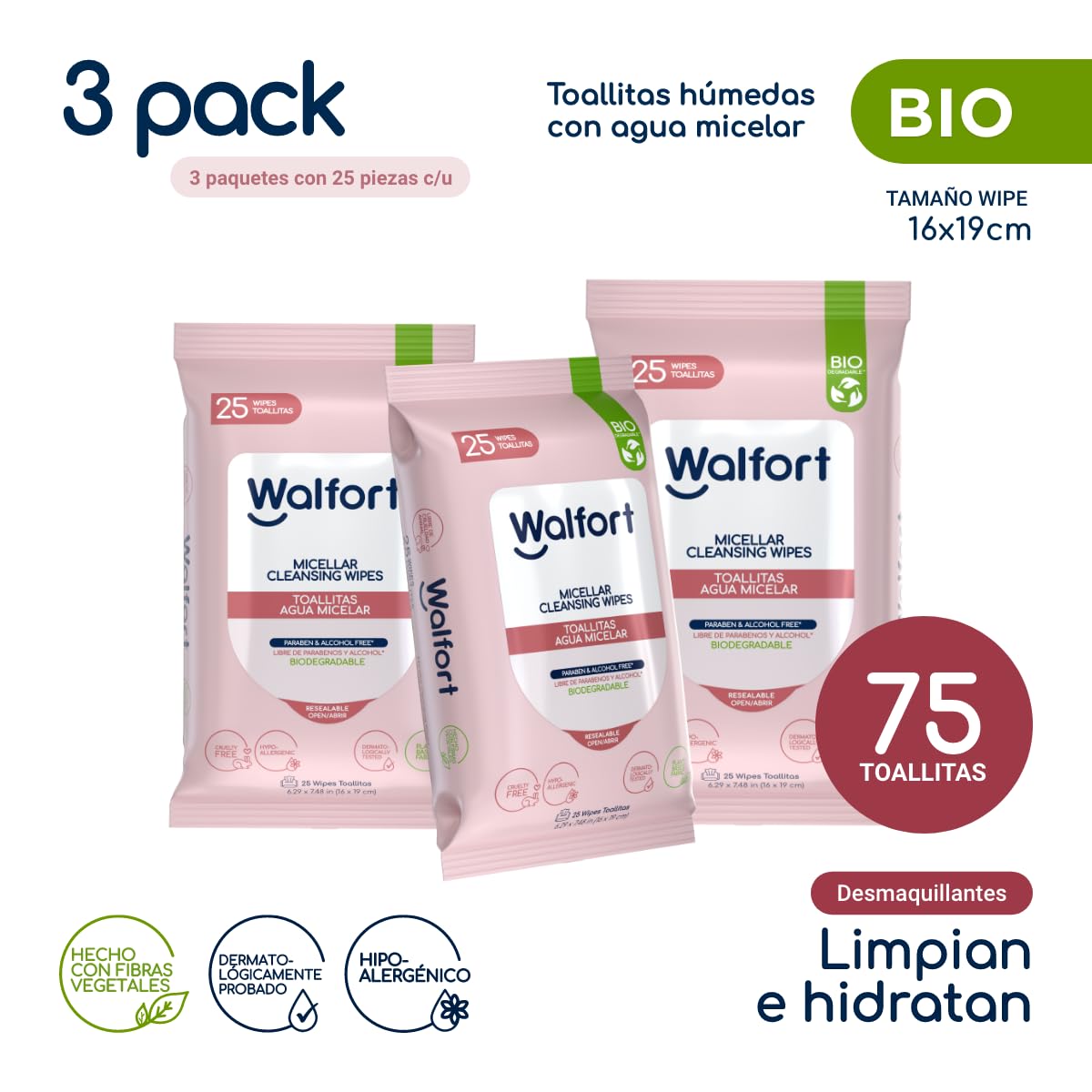 Walfort | Toallas Desmaquillantes con Agua Micelar, Limpieza Facial 3 en 1: Limpian, Desmaquillan e Hidratan (3, 3 Pack 25 Piezas)