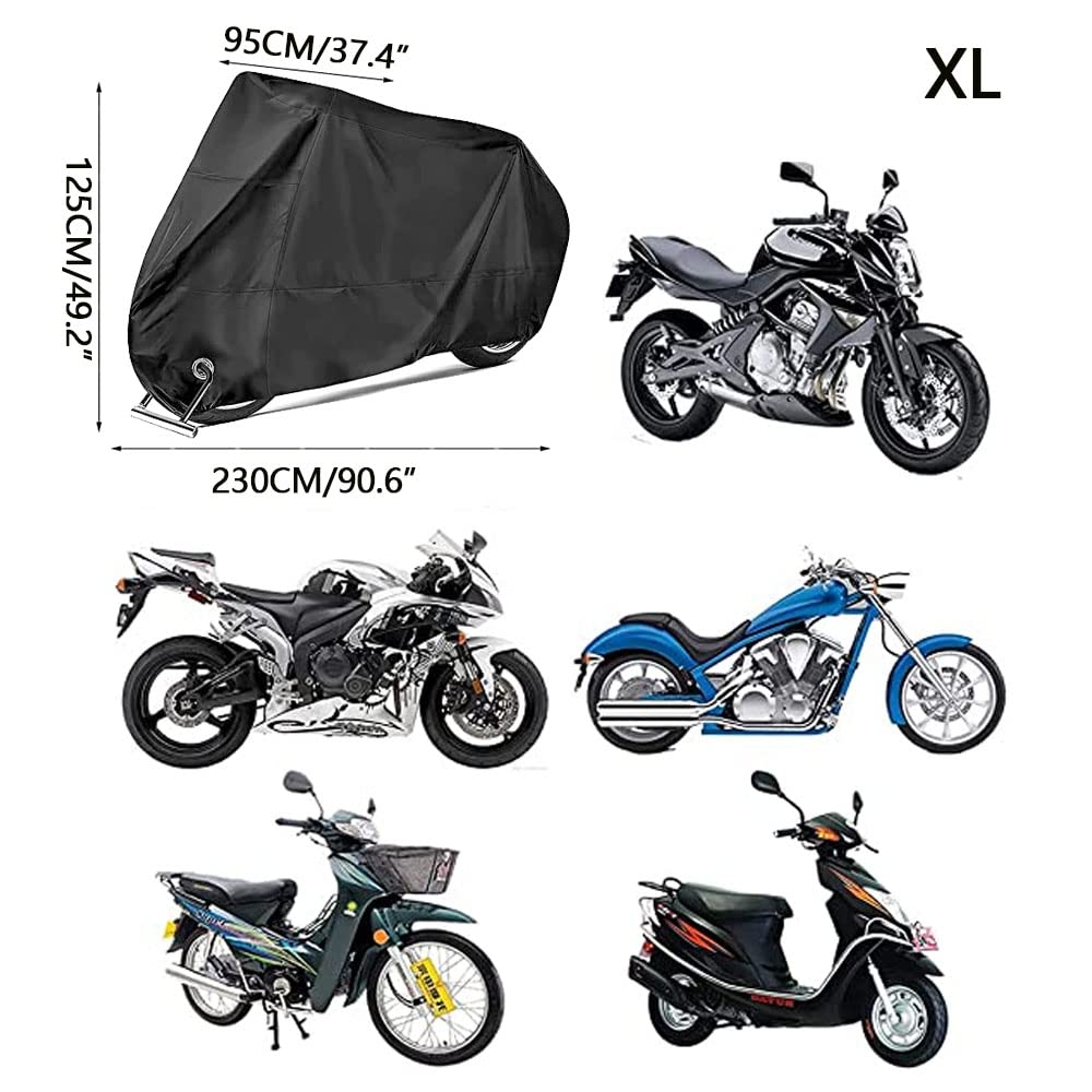 Funda para Motocicleta Cubierta de Moto Impermeable - Tejido de Poliéster Recubierto 190T, 230 x 95 x 125 CM para Motocicletas como Honda, Yamaha, Suzuki, Harley y más (XL, Negro)