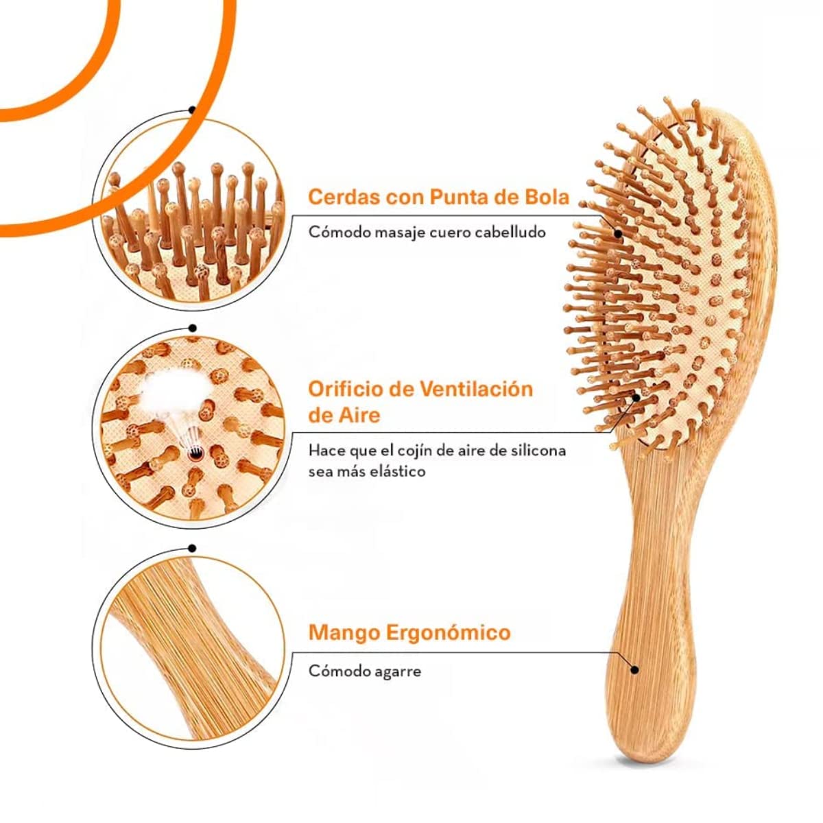 Cepillo De Bambú Cepillo Madera Natural Biodegradable Cepillo para el Cabello Hecho de Bambú - Cepillo de Madera para todo tipo de Cabello y Pelo - Cerdas Naturales - Cepillo Desenredante - Para Masaje