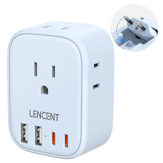 LENCENT Adaptador Europeo Plegable, Adaptador de Corriente con 4 Salidas y 4 Puertos USB (2USB C), Cargador Americano a Europeo para Alemania, España, Italia, Francia, Apto para Cruceros, Azul