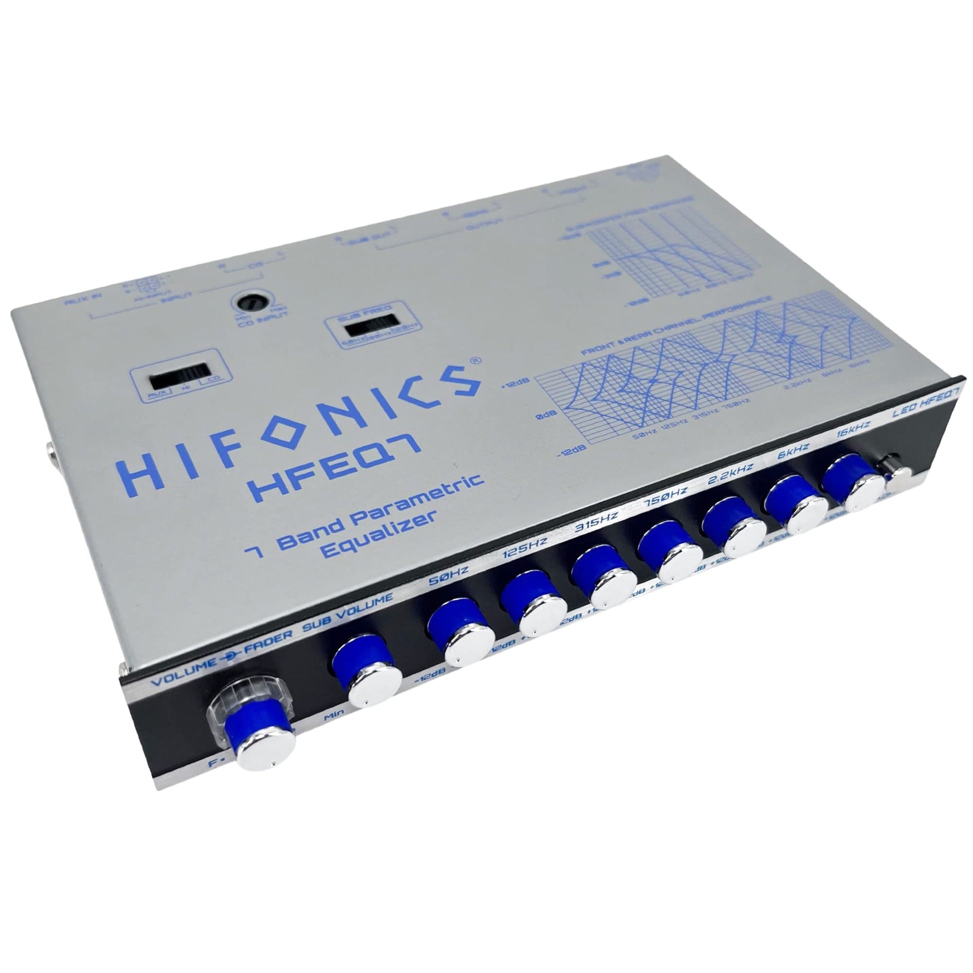 Hifonics HFEQ7 - Ecualizador gráfico de Audio de Coche de 7 Bandas 9 voltios 1/2 DIN con Entrada Auxiliar Frontal de 3,5 mm, Entrada Auxiliar RCA Trasera y entradas de Altavoz de Alto Nivel