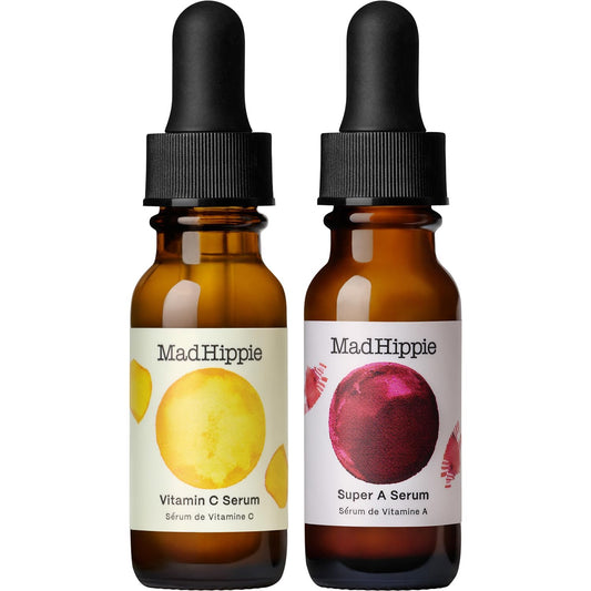 Mad Hippie Skin Care Set, Day & Night Dual Pack Includes 1 - Vitamin C Serum with Vitamin E & 1 - Vitamin A Serum with HPR & Aloe, Natural Vegan Active Ingredients, Travel Size, 0.5 Fl Oz Ea
