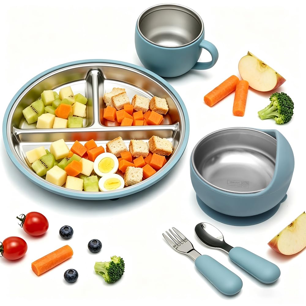 Platos de Acero Inoxidable para Bebe, Set de Alimentación para Bebé