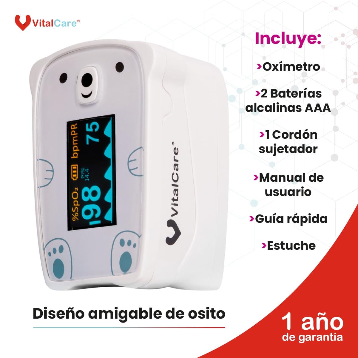 Oxímetro Pediátrico VitalCare Osito Pantalla LED Índice de Perfusión Medición Precisa para Niños y Adultos