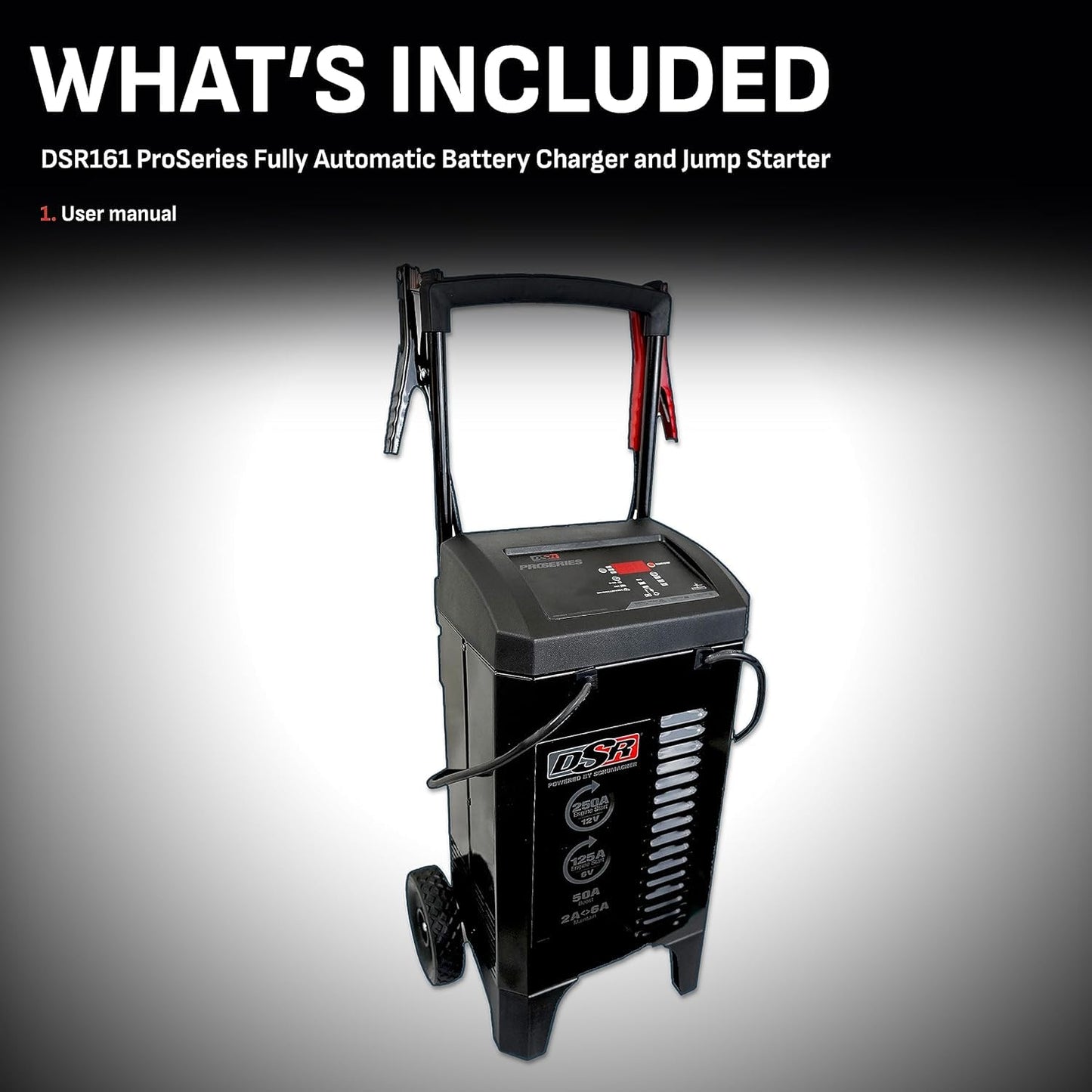 Schumacher Electric DSR Pro Series 6V / 12V Cargador de batería con Ruedas y Motor de Arranque – Cargador de batería de Coche Resistente y mantenedor – Totalmente automático – 125/250 amperios