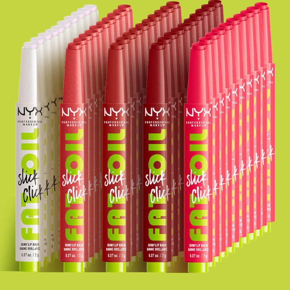 NYX Professional Makeup, Fat Oil Slick Click, 2gr. Tono: Double Tap. Brillo de labios en barra, hidrata hasta por 12hrs, sensación no pegajosa, con infusión de aceite de aguacate, frambuesa y zarzamora. Fórmula vegana.