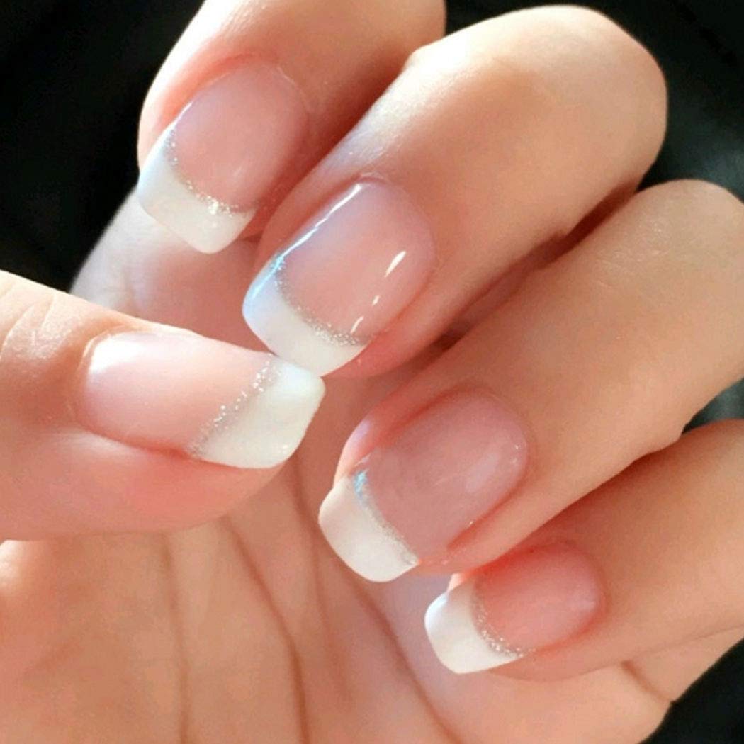 Chicque 24 uñas postizas cuadradas cortas con purpurina rosa brillante, cubierta completa, uñas falsas de boda para mujeres y niñas