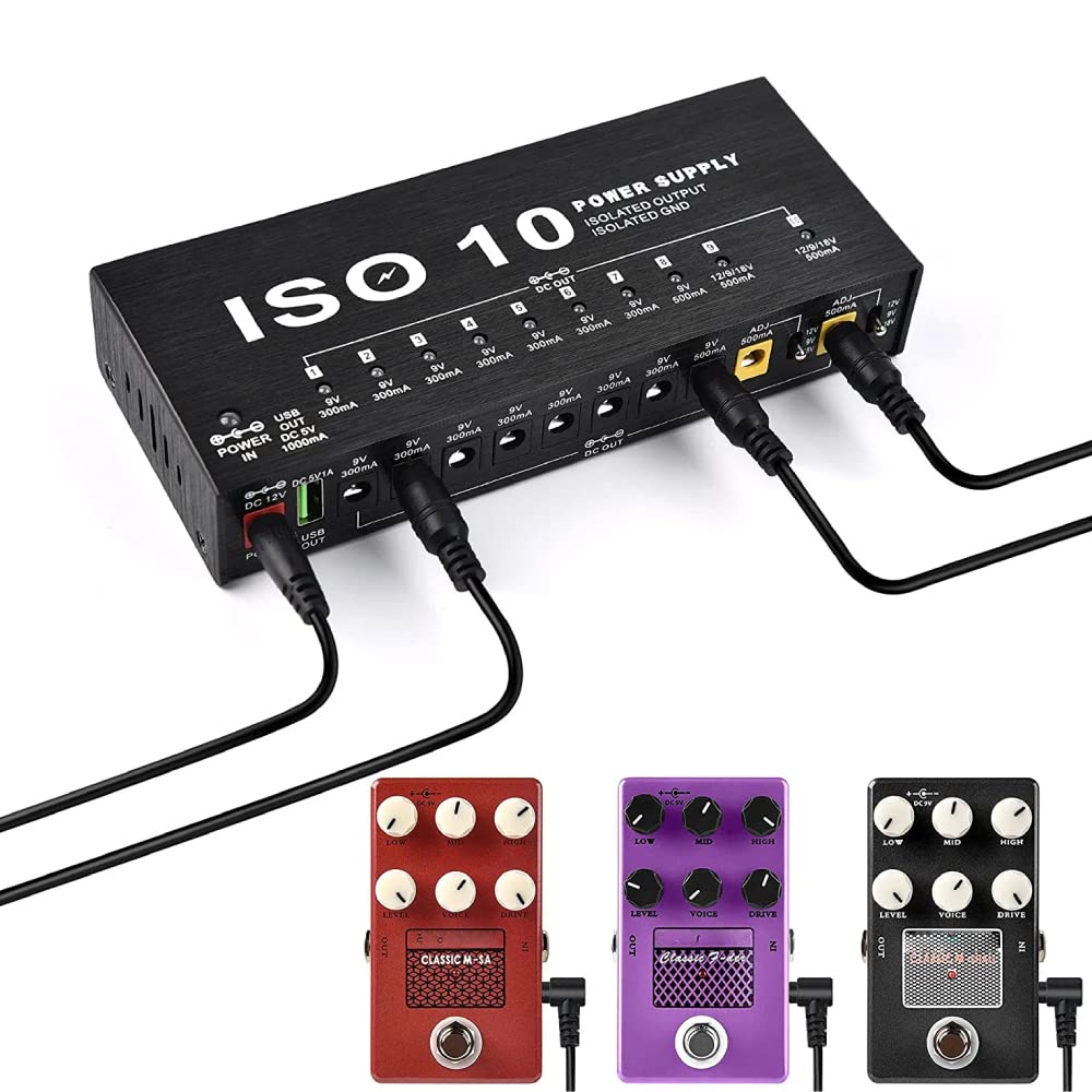 Fuente de Alimentación para Pedal de Guitarra LiebeWH, 10 Pedales de Guitarra de Salida Aislada, Potencia de Pedal de Efecto de Guitarra Múltiple con 2 Voltajes Ajustables(US Plug 100‑240V)