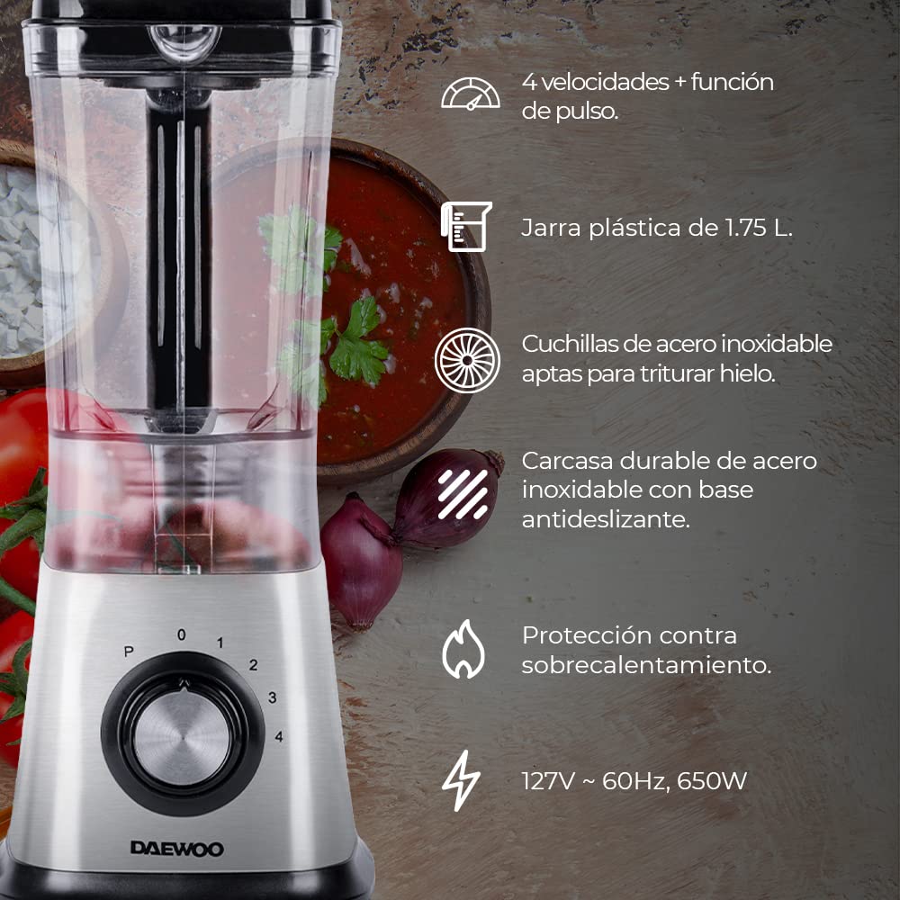 DAEWOO DBL-849, Licuadora de 4 velocidades Daewoo, 1.75 L, con orificio de goteo y vaso medidor, base de acero inoxidable, tritura hielos, motor 650W y base antideslizante, Negro