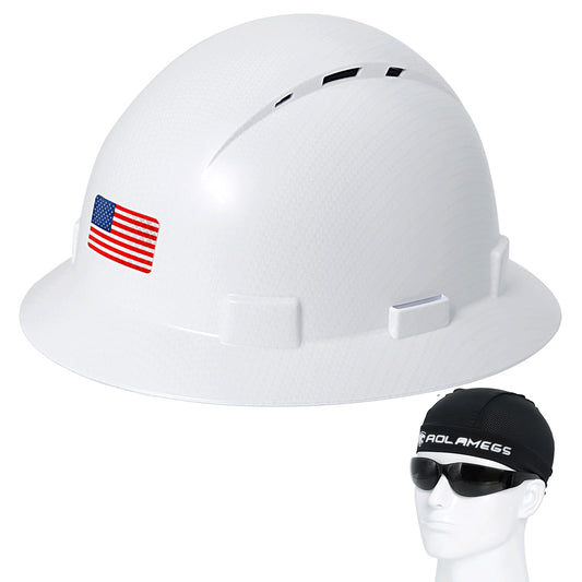 Aolamegs Safe Casco de ala Completa de Fibra de Carbono Blanco Mate con Gafas de Seguridad y Forro para Hombres y Mujeres, Aprobado por ANSI Z89.1, Seguridad con Correa de Barbilla y Visera Solar