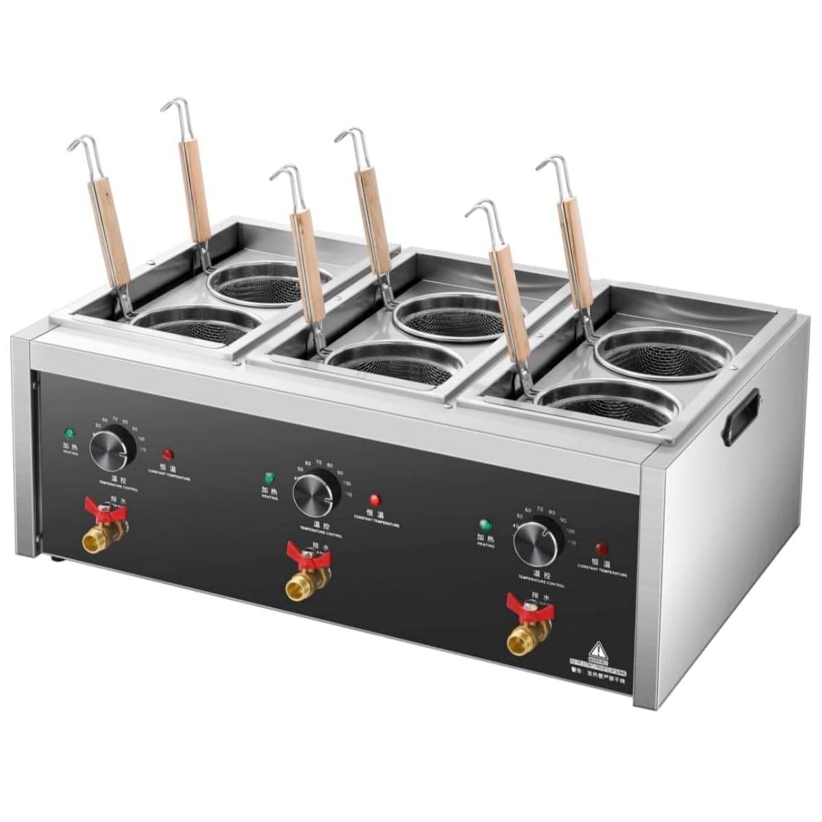 Koalalko - Cocina de pasta comercial con válvula de drenaje, 3 tanques independientes, 6 coladores de pasta, máquina de cocinar fideos, caldera de temperatura ajustable para espaguetis ramen 110 V,