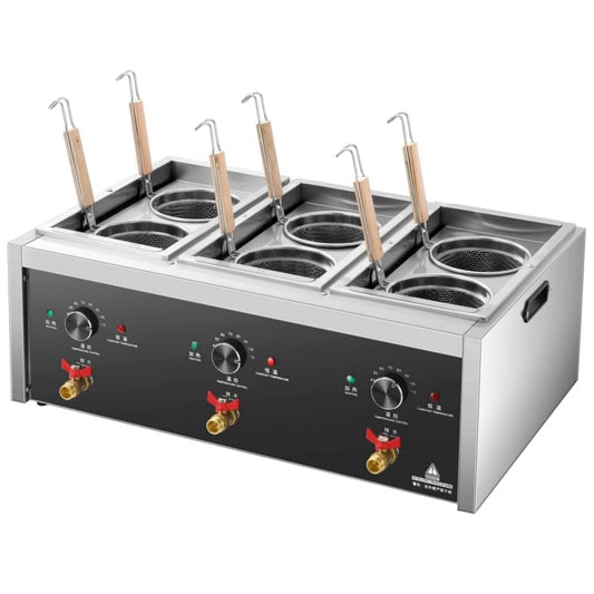 Koalalko - Cocina de pasta comercial con válvula de drenaje, 3 tanques independientes, 6 coladores de pasta, máquina de cocinar fideos, caldera de temperatura ajustable para espaguetis ramen 110 V,