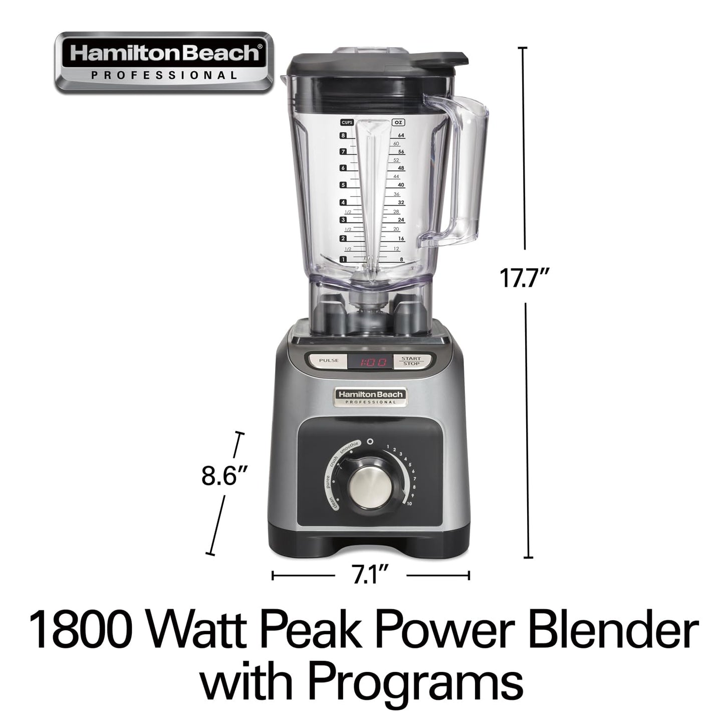 Licuadora Programable Hamilton Beach Professional 58850/4 programas/ 2.4 Caballo de Fuerza y una potencia de 1800 Watts/Vaso de Tritan de 1.8 L