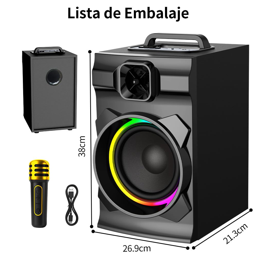 AIRAMP Bocina Portatil Bluethooth de 20W con Subwoofer Activo Karaoke Bocina y Micrófono Inalámbrico,Bocina Bluetooth Grande Caja de Madera, Sonido Estéreo, Batería Recargable, TWS, USB/TF/AUX/FM