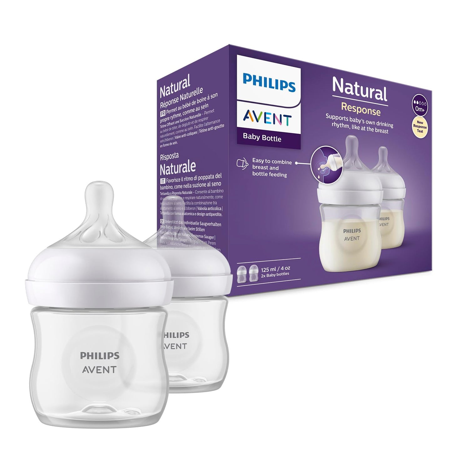 Biberón Natural Response Philips Avent Transparente con Válvula Anticólicos Flujo Lento 2, 4 oz, 2 Piezas