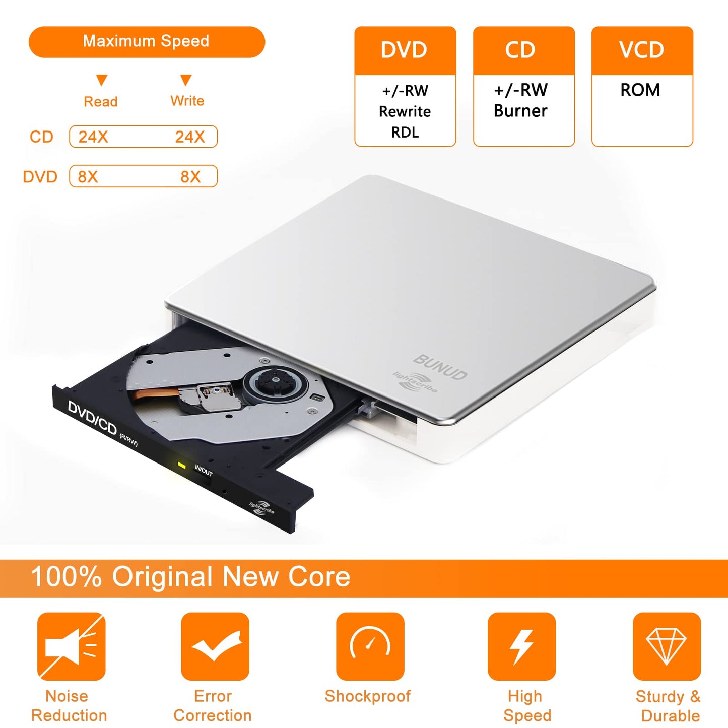 BUNUD LightScribe Unidad Externa de CD y DVD +/-RW, Grabador de CD/DVD +/-RW, Lector de Disco óptico portátil, Unidad de CD y DVD para computadora portátil, MacBook, Windows 11 10 Linux OS