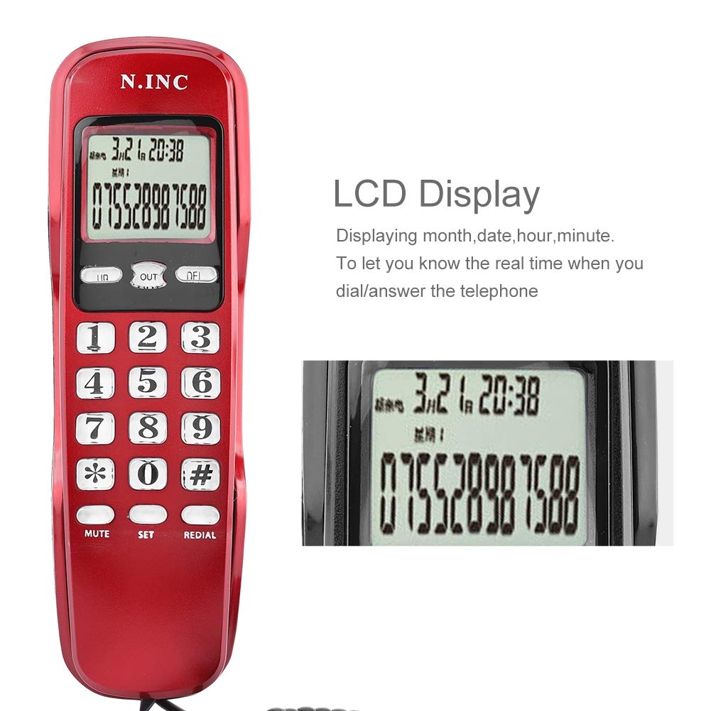 ASHATA Teléfono Fijo con Pantalla LCD, Teléfono con Cable Multifuncional Capacidad de 38 Contactos,Memoria Entrante,Comprobación de Recuerdos,Devolución de Llamada(DTMF/FSK)(Rojo)