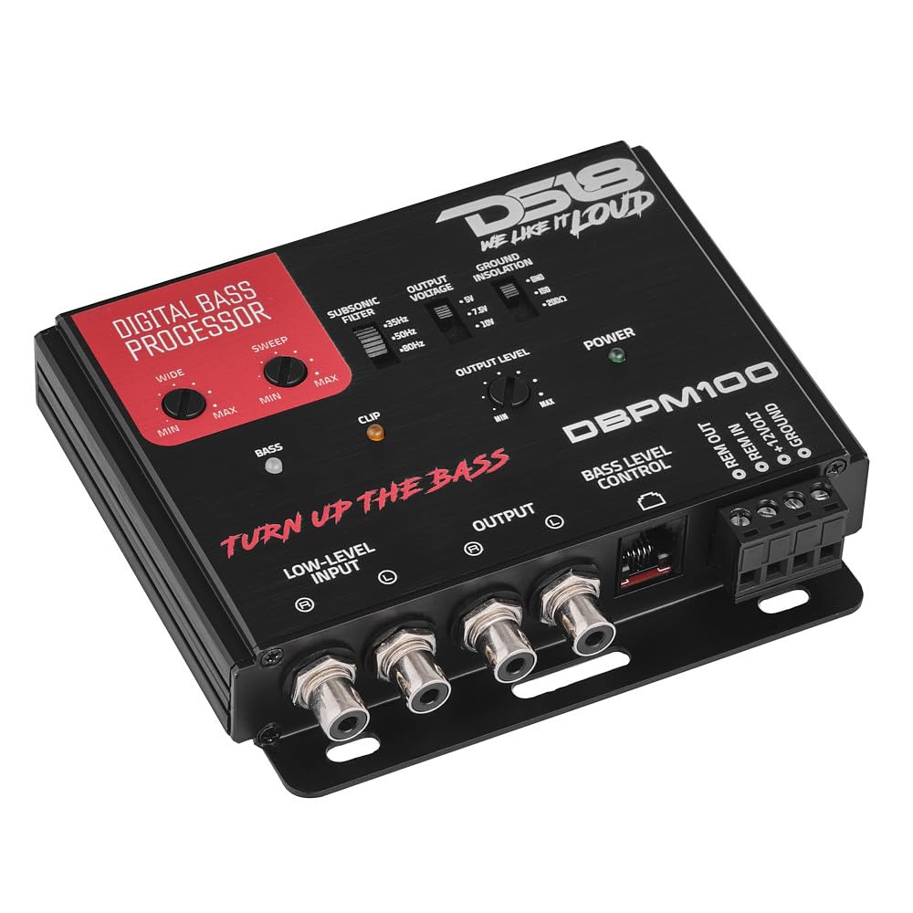 DS18 DBPM100 Procesador de graves digital para coche, 2 canales de preamplificador de entrada/salida, filtro subsónico, restauración digital, potenciador, control de nivel remoto con clip LED