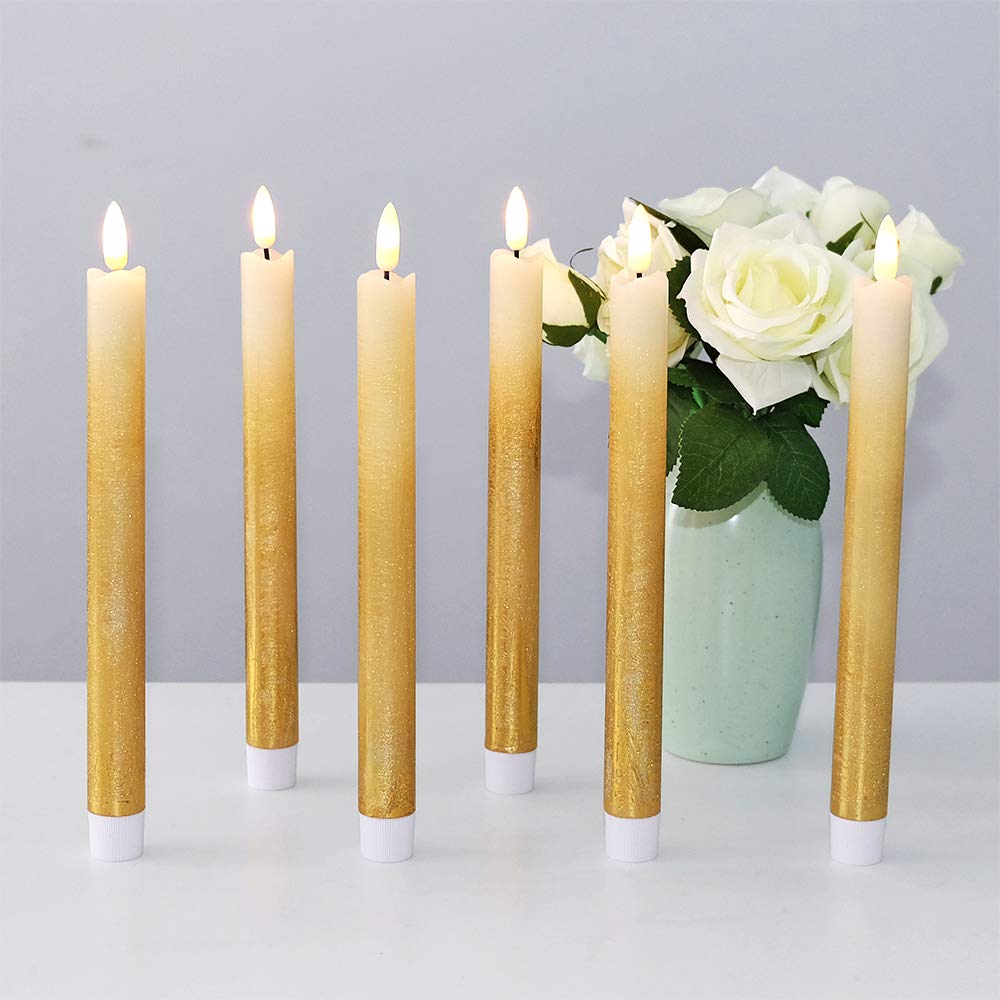 DRomance - Velas cónicas doradas sin llama funcionan con pilas con temporizador remoto, cera real 3D con mecha, velas LED parpadeantes, decoración de cena, boda, día festivo (paquete de 6, 0.78 x 9.64