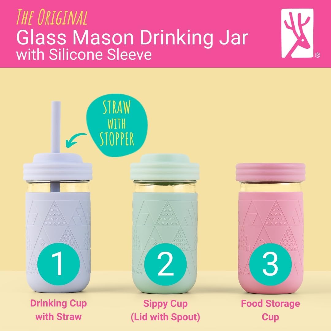 Elk and Friends - Vasos para beber para niños y niños pequeños, tarro de vidrio original de 12 onzas con mangas de silicona + pajitas, bebidas para batidos, a prueba de derrames