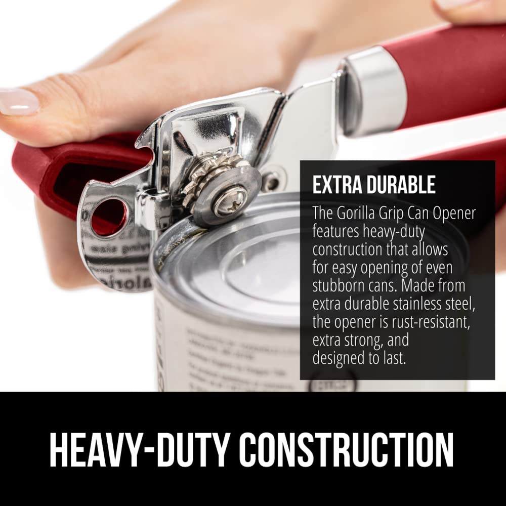 Gorilla Grip Abrelatas manual de mano de acero inoxidable resistente con borde liso con mango suave al tacto, a prueba de óxido, perilla de mano fácil giro, el mejor abridor de tapa grande para cocina, red