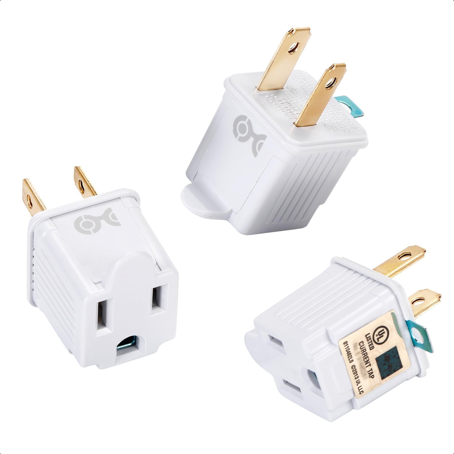 Cable Matters - Paquete de 3 adaptadores de 2 clavijas a 3 clavijas, adaptador de enchufe 3P a 2P - Convierte una toma de 2 clavijas para soportar enchufes de 3 clavijas, blanco