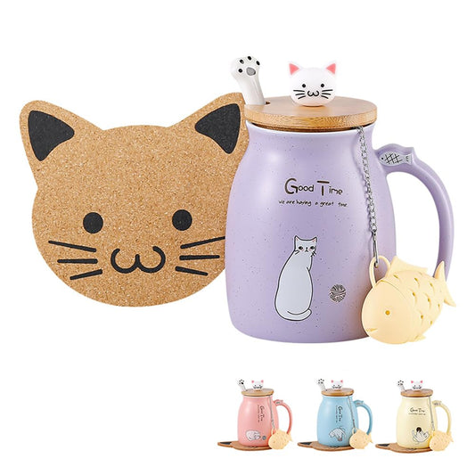 BigNoseDeer - Taza de té Kawaii con infusor y tapa, taza de café de cerámica para gatos morados, regalos de cumpleaños para mamá, regalos para mujeres, novias, niñas, amantes de los gatos (13 onzas)