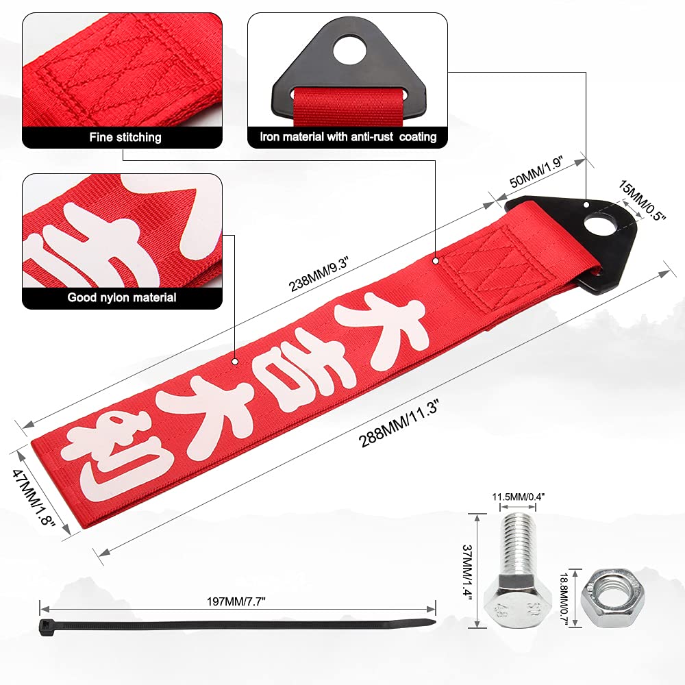 Correa de remolque JDM Sports Red Racing para modificación de coche, personalizada, con eslogan chino, cuerda de tracción, gancho HF, apto para parachoques delantero o trasero, cinturón decorativo