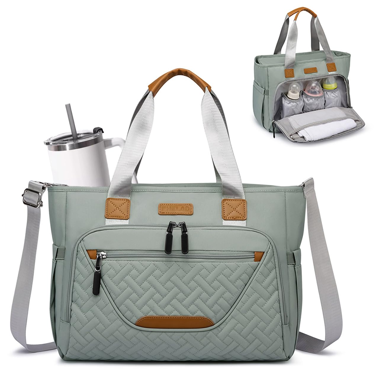 FHELAD - Bolsa de pañales grande con compartimento para portátil de 16 pulgadas, bolsa de bebé con bolsillo aislado para mamá y papá, ideal para viajes, trabajo (gris morandi)