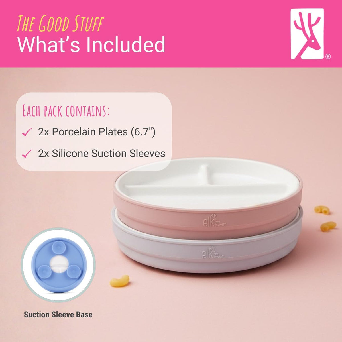 Elk and Friends Kids - Platos divididos de porcelana blanca de 6.7 pulgadas con mangas de succión de silicona, adecuados para bebés/niños pequeños, aptos para microondas y lavavajillas, vajilla para